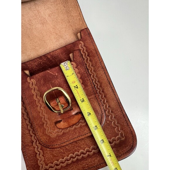 Vintage Handcrafted Leather Crossbody Bag Brown Brass Buckle Unisex - Picture 15 of 16
